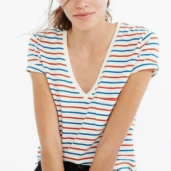 MADEWELL Whisper 100% Cotton V-Neck Pocket Tee Stripe XXSmall - Picture 1 of 7